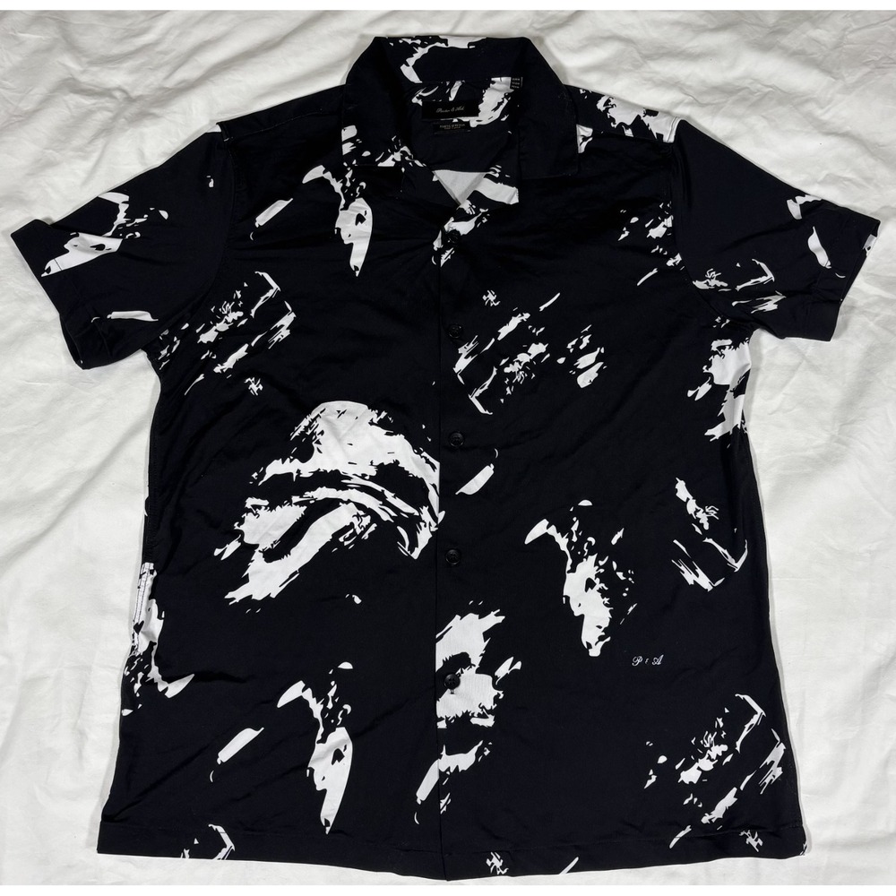 NWT Porter & Ash Mens Button Up Shirt Black Abstract Print Knitted Stretch M